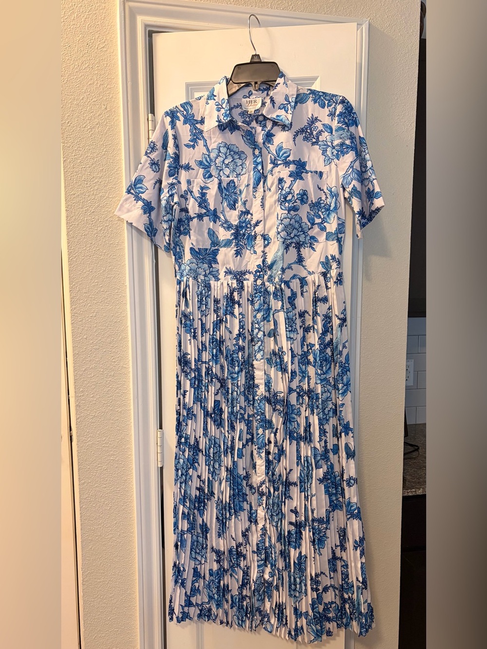 Blue Floral Midi  Dress - Women's Button-Down Midi Dress